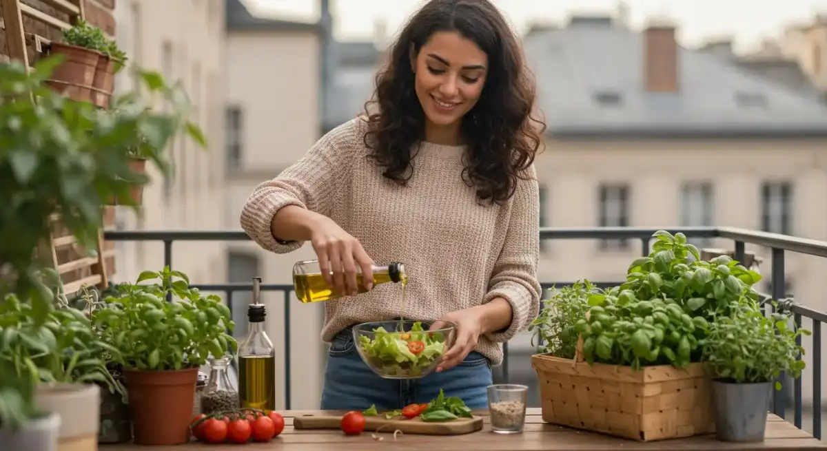 Chef Rita Pouring Olive Oil on a Fresh Salad on a City Balcony Chef Rita on balcony pouring olive oil over salad with herbs and tomatoes