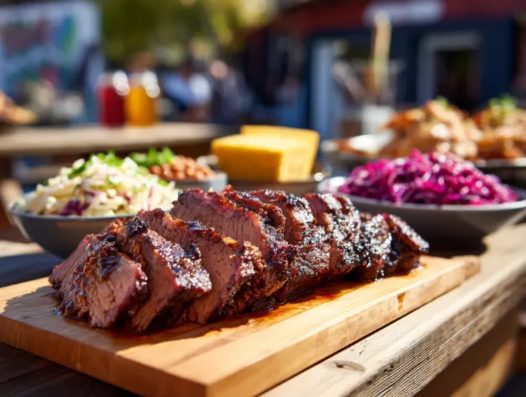 BBQ beef platter with coleslaw and beans