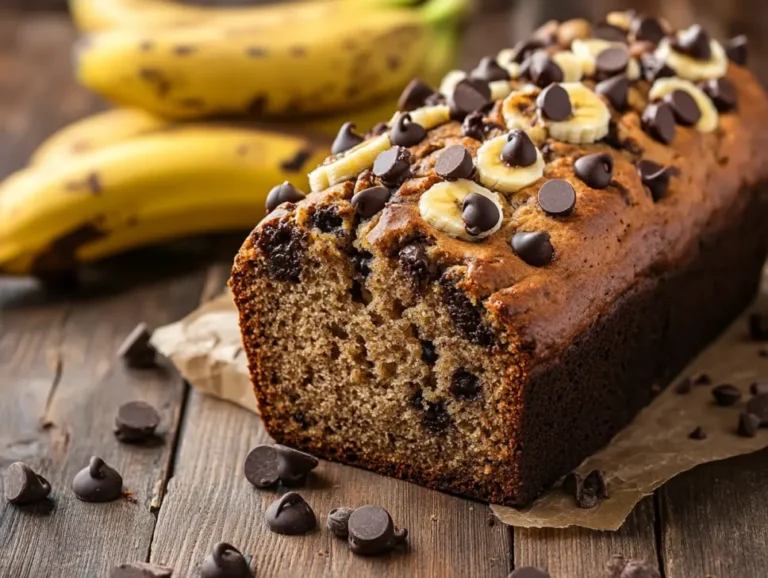 Banana bread loaf next to recipe card on kitchen counter
