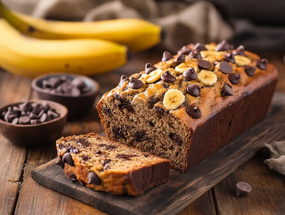 Moist banana and chocolate chip bread freshly baked on rustic wooden table