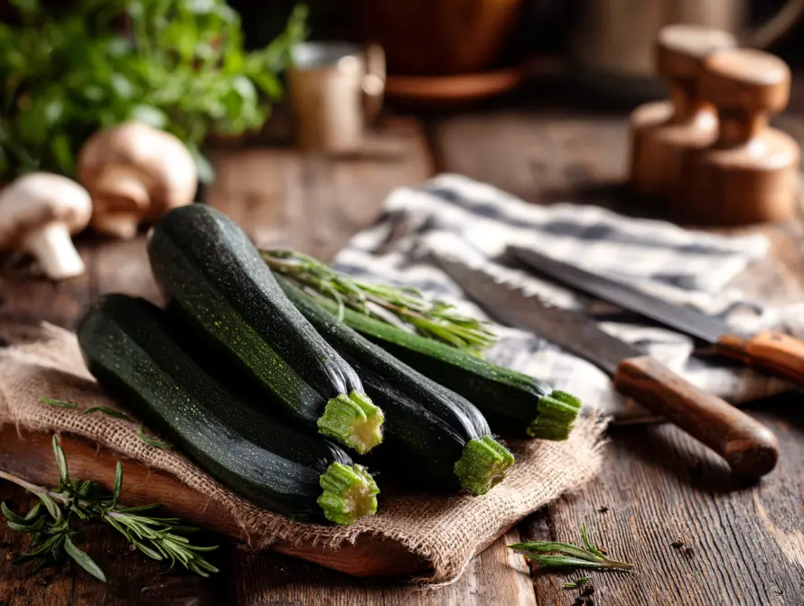 black beauty zucchini on rustic kitchen table