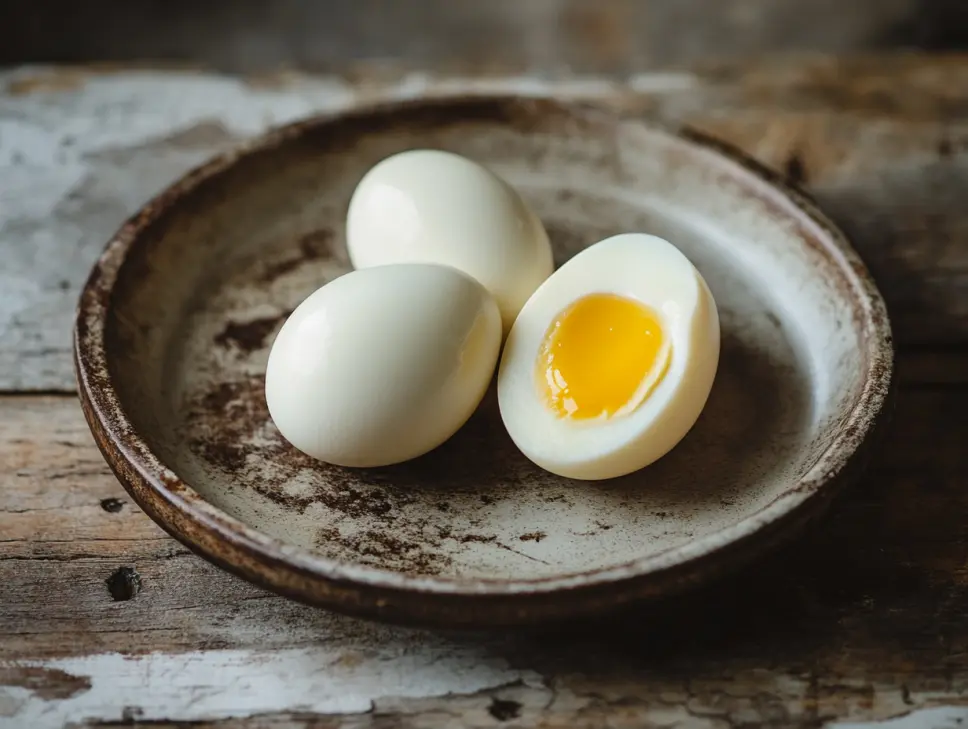 how long to boil duck eggs shown on rustic plate in natural kitchen lighting