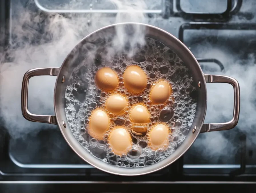 Duck eggs boiling in pot with steam on stovetop