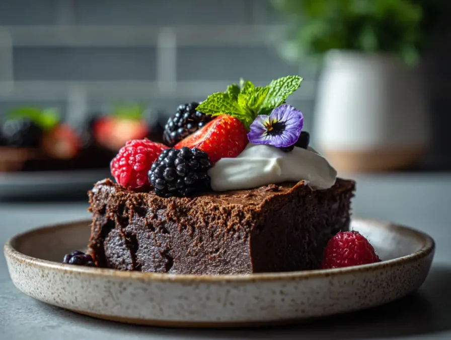 Sweet potato brownie topped with yogurt and berries