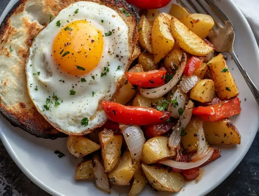 Roasted potatoes and peppers served with a sunny-side-up egg for brunch