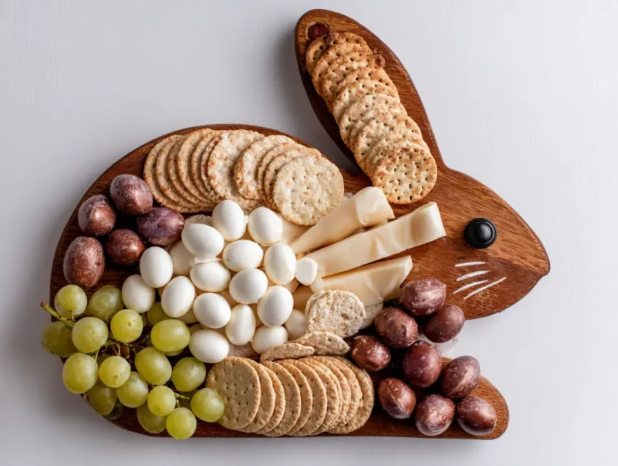 Bunny-shaped Easter charcuterie with colorful snacks