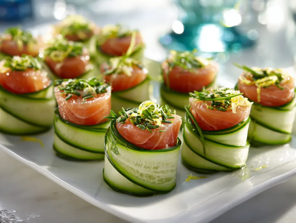 Smoked salmon cucumber rolls on white platter