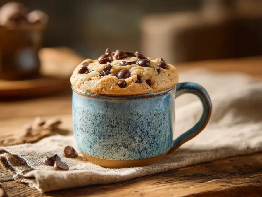 Chocolate chip mug cake with ice cream topping