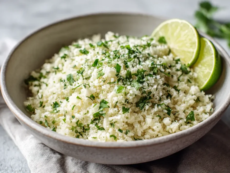 Cauliflower rice with lime and cilantro in bowl