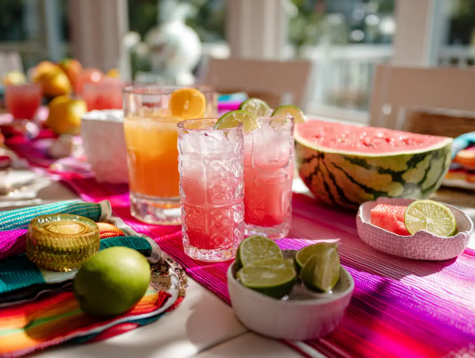 Cinco de Mayo mocktail table with colorful drinks and fruit