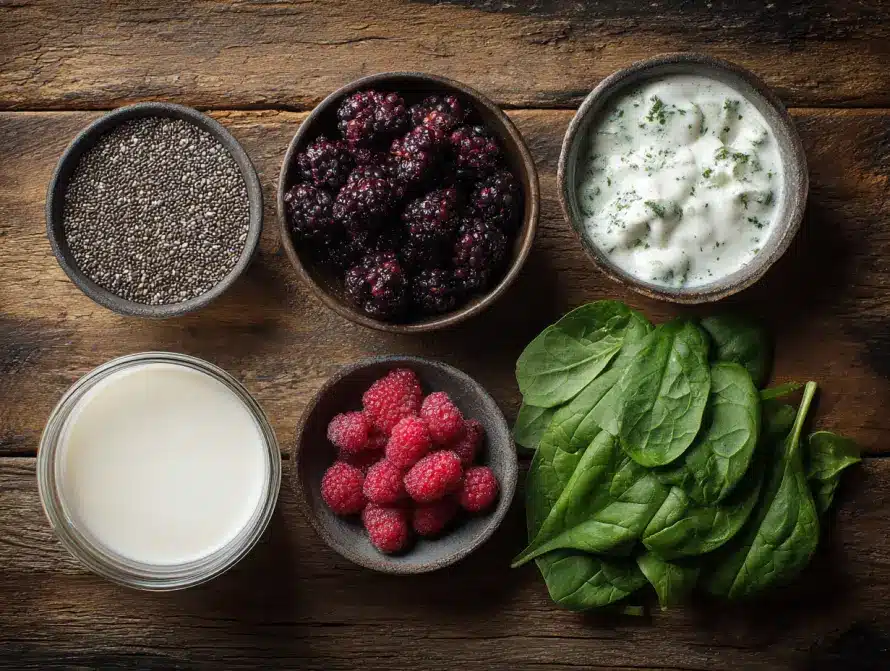 All-natural Zepbound smoothie ingredients on a table