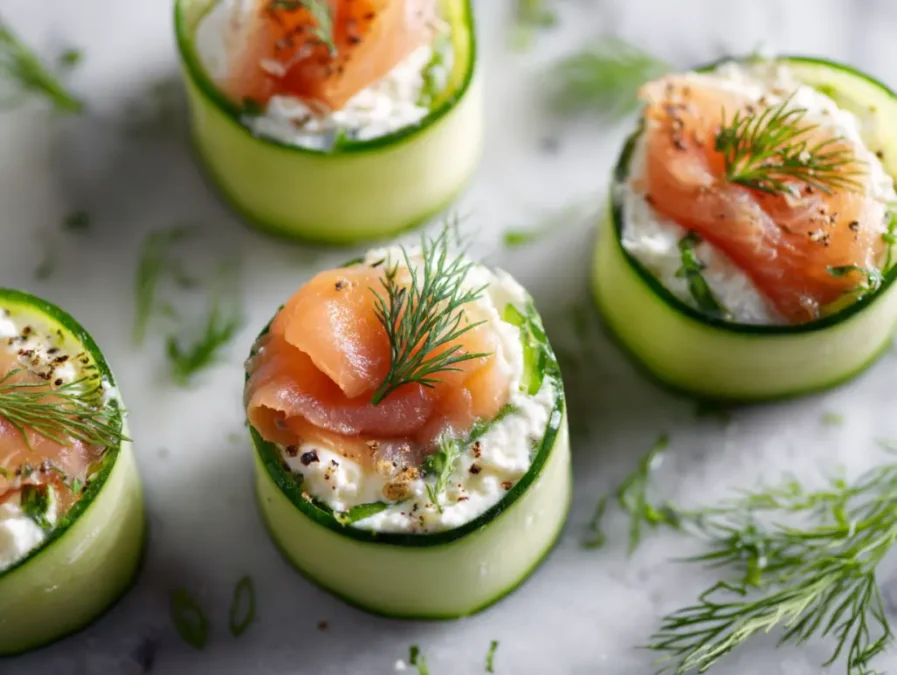Close-up smoked salmon cucumber roll with dill