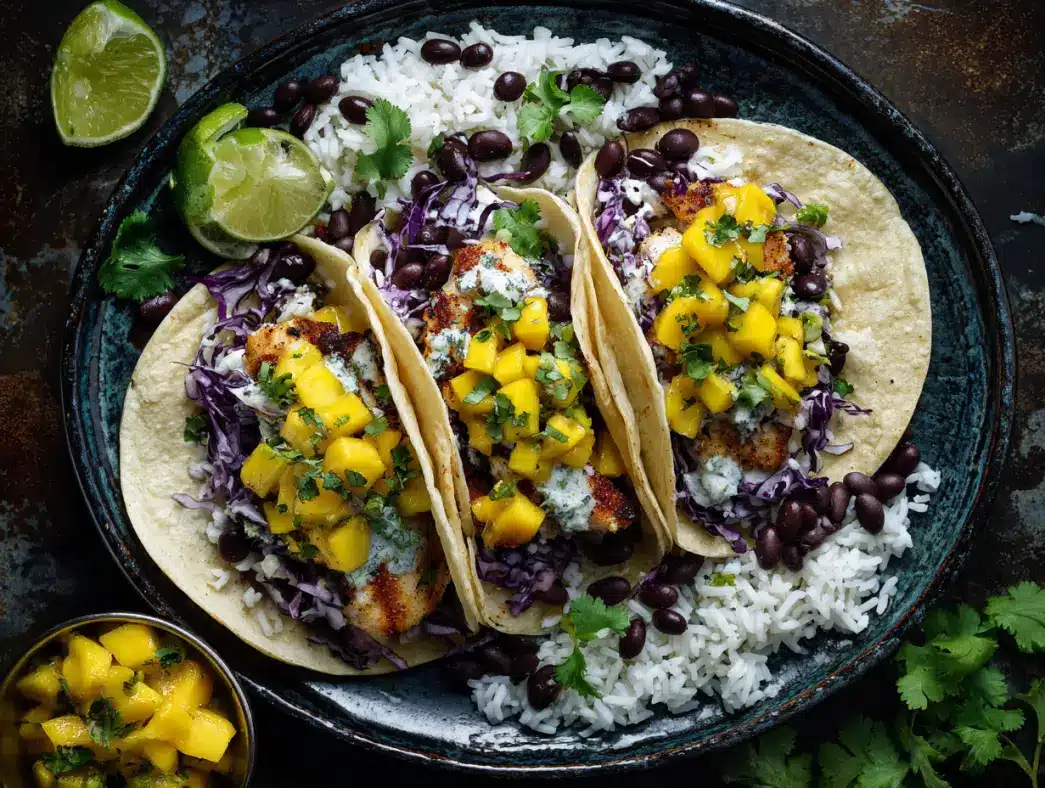 Plated fish tacos with colorful side dishes