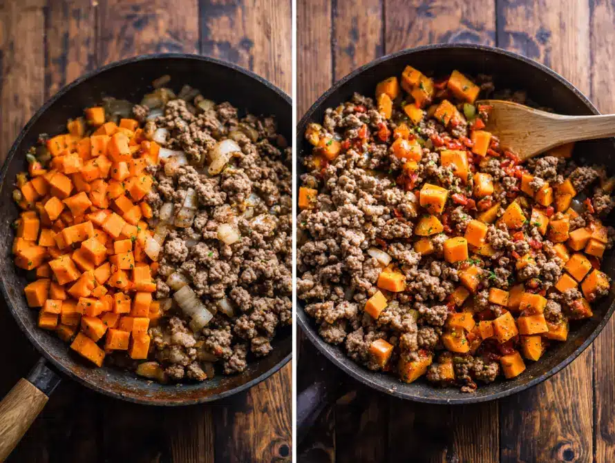 Cooking process for ground meat and sweet potatoes