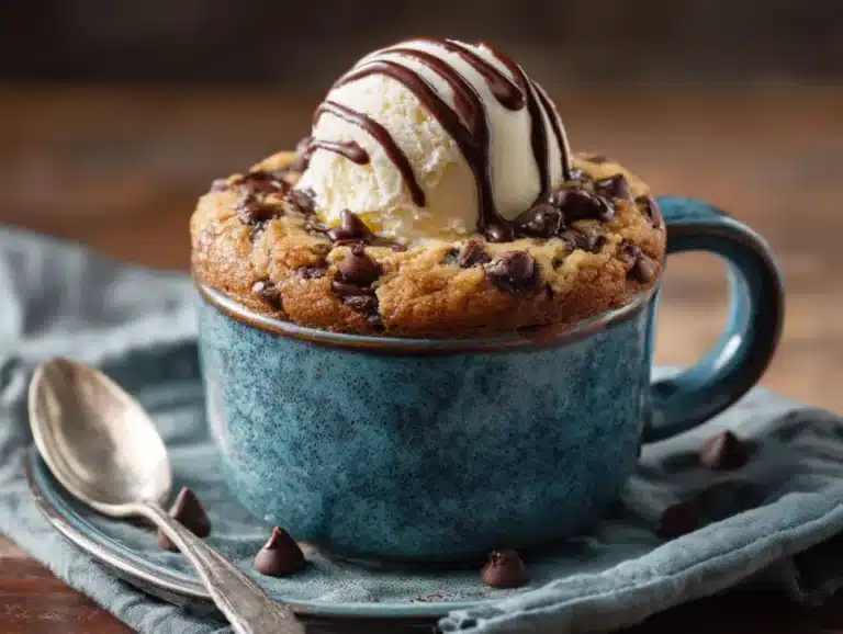 Cozy chocolate chip mug cake dessert for one