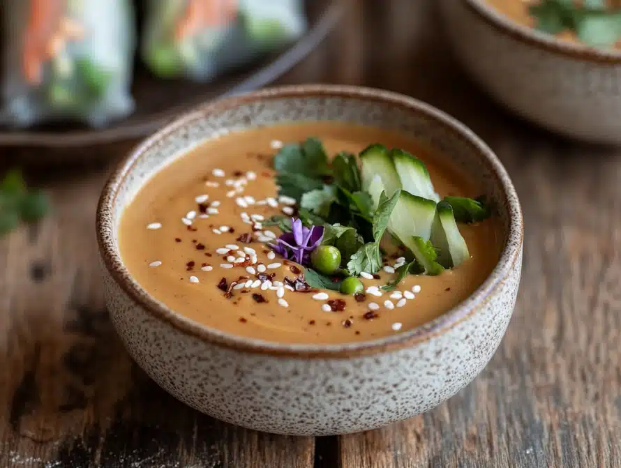 Spring Roll Peanut Sauce on wooden table with natural lighting