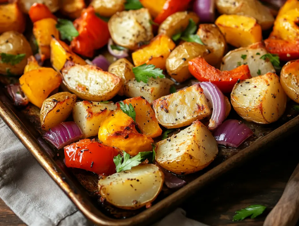 Roasted potatoes, peppers, and onions on a rustic tray with golden crispy edges