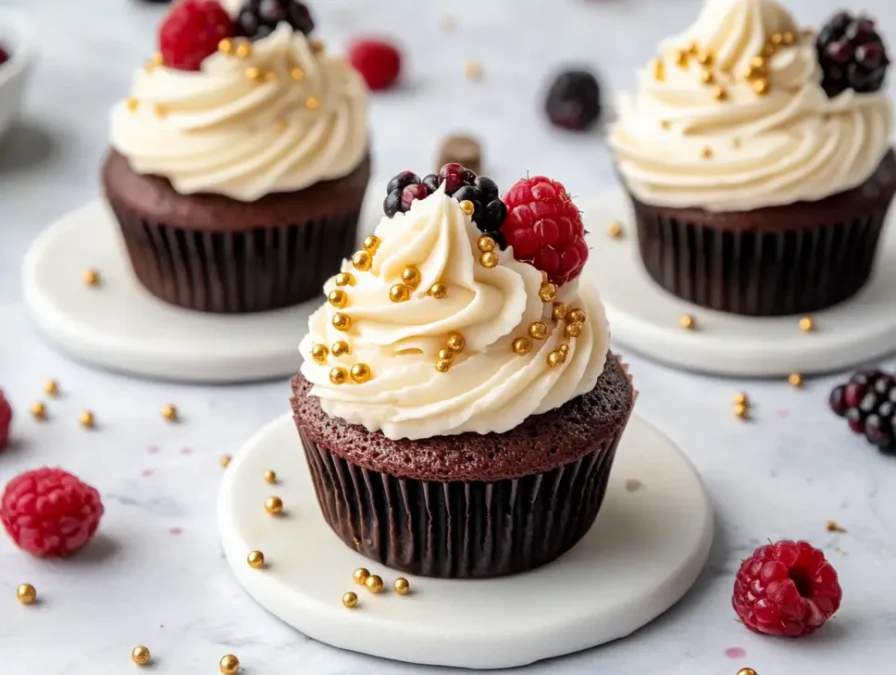 Served boston cream cupcakes on plate with party decorations