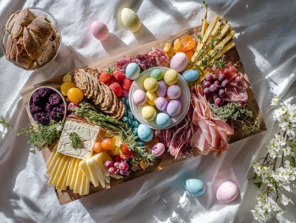 Easter charcuterie board with pastel sweets and cheeses