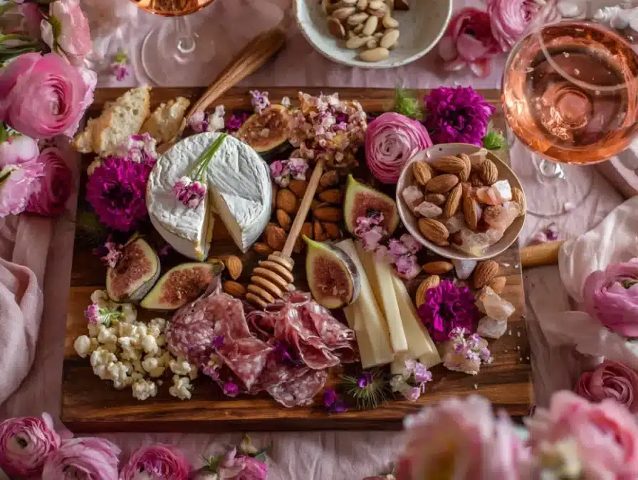 Elegant Easter board with cheese and flowers, easter charcuterie board ideas