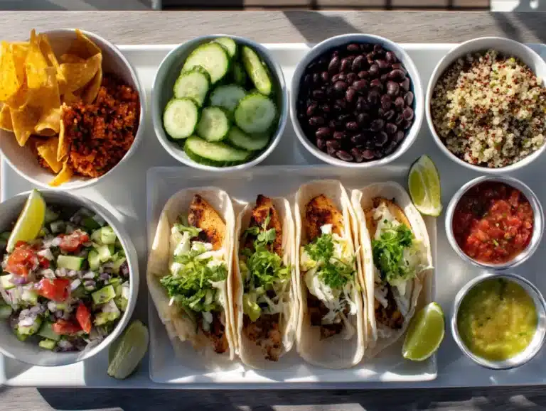 Full meal with fish tacos and healthy side dishes