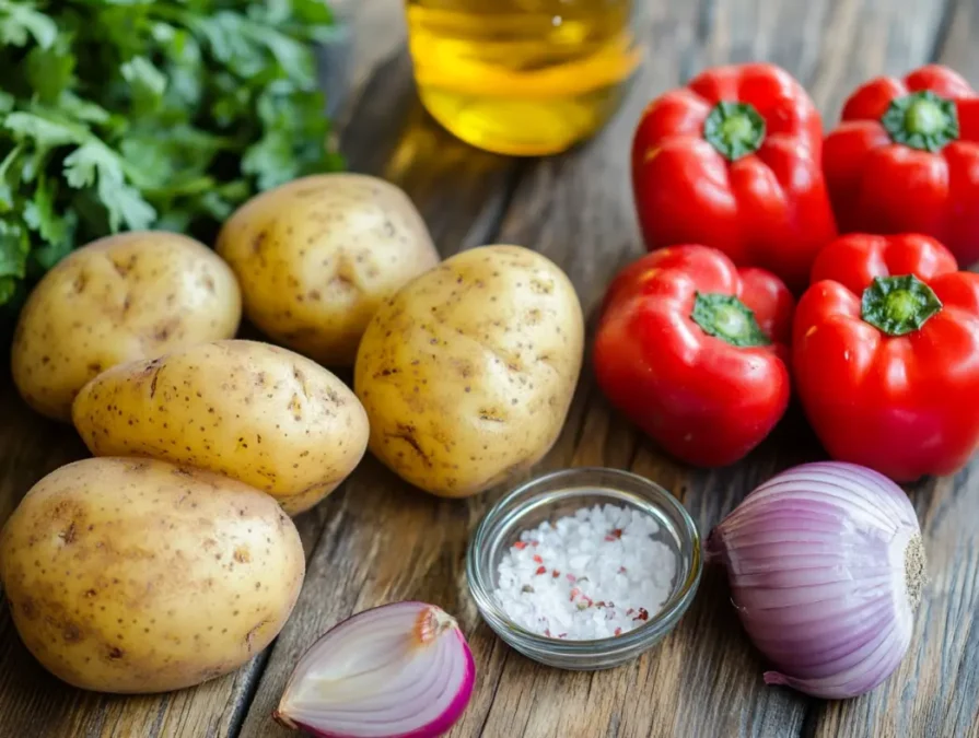 Fresh vegetables and seasonings laid out for roasted potatoes and peppers and onions