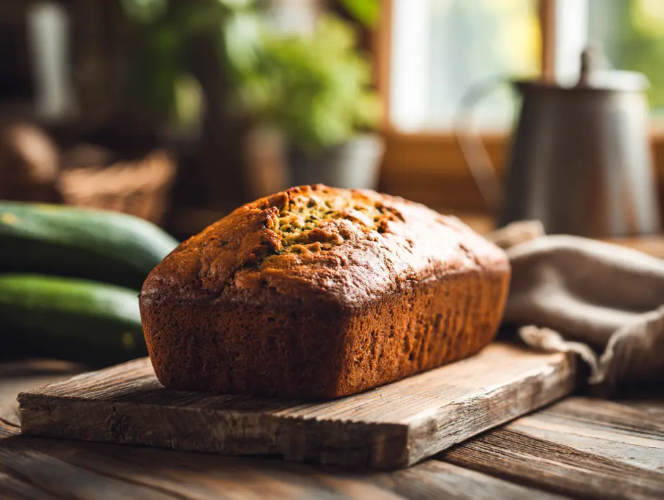Warm loaf of zucchini bread on rustic kitchen table