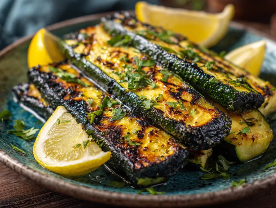 grilled black beauty zucchini served with lemon