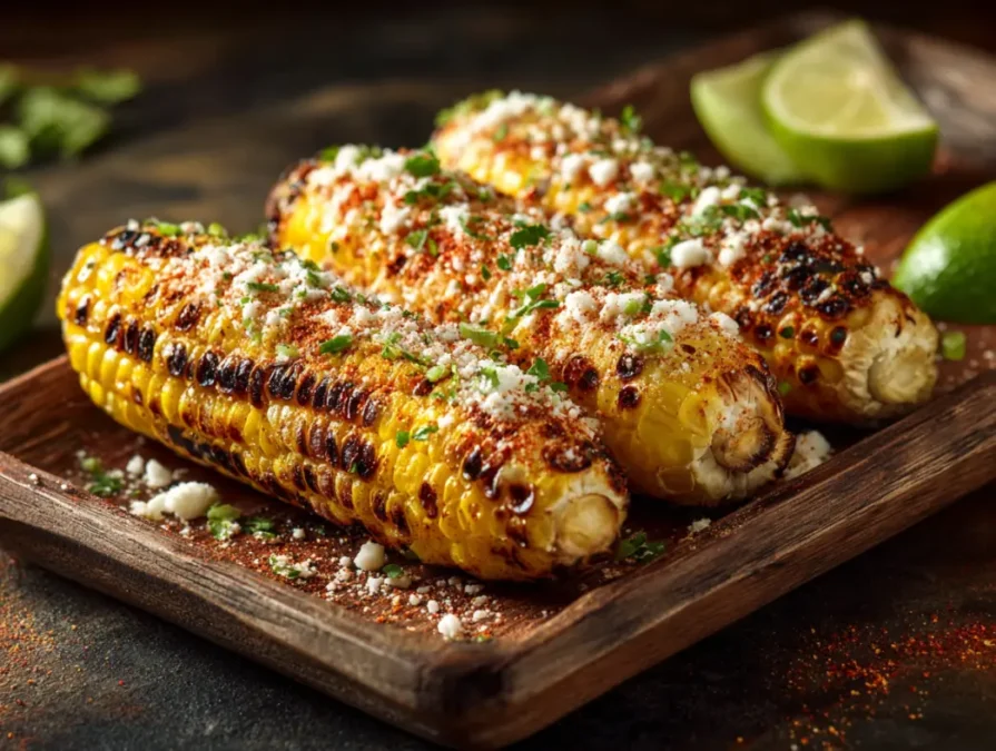 Elote with cheese and chili on wooden tray