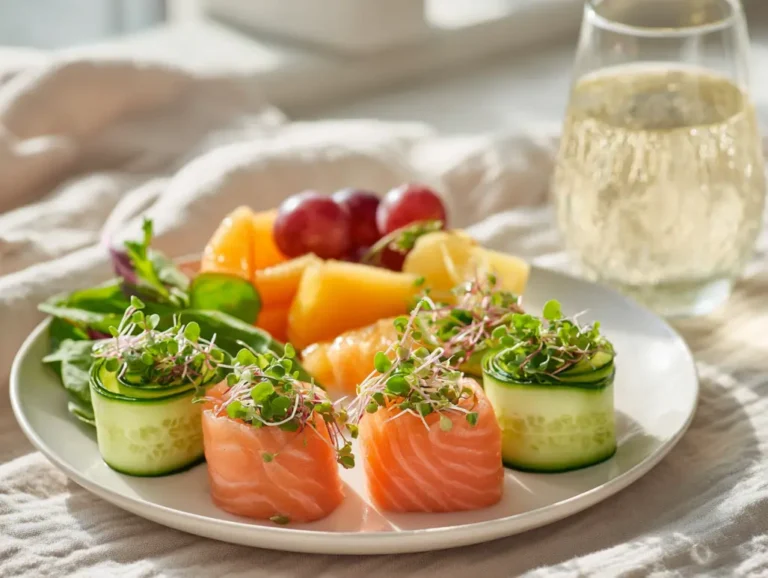 Brunch plate with smoked salmon cucumber rolls