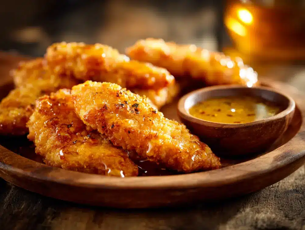 Crispy chicken tenders covered in honey butter sauce