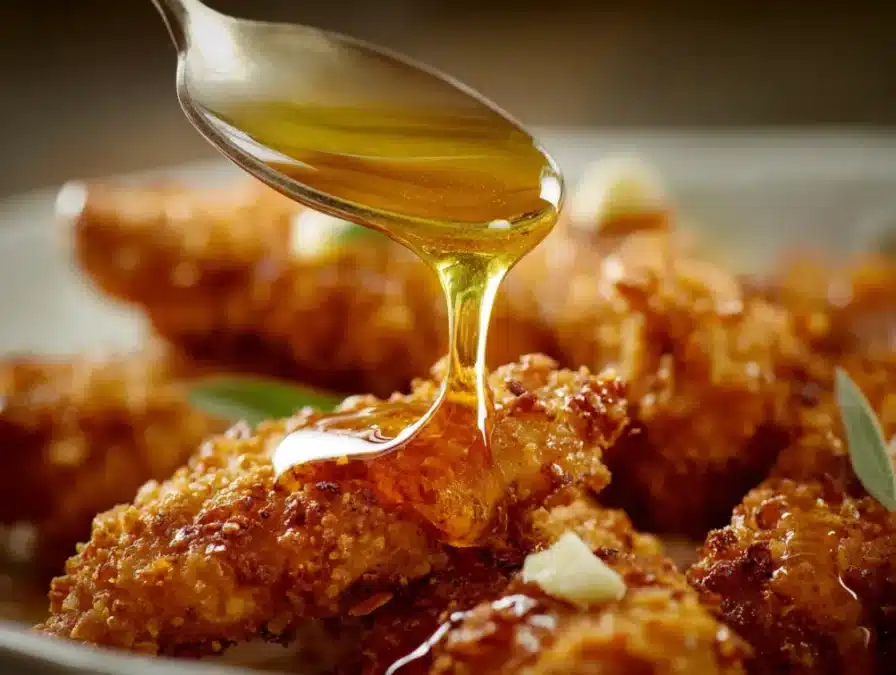 Honey butter sauce drizzling over tenders