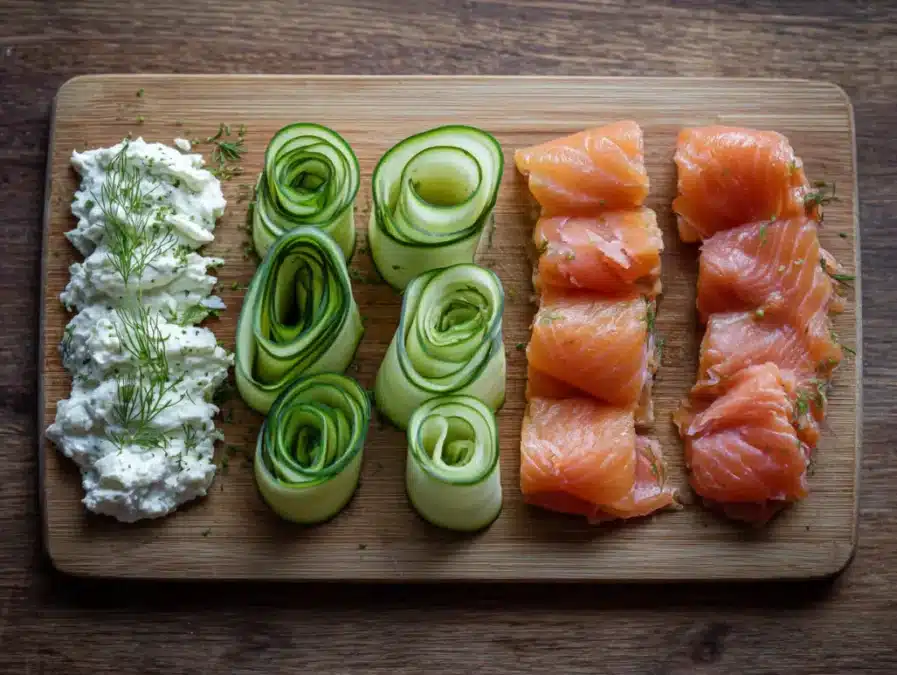 Preparing smoked salmon cucumber rolls step by step