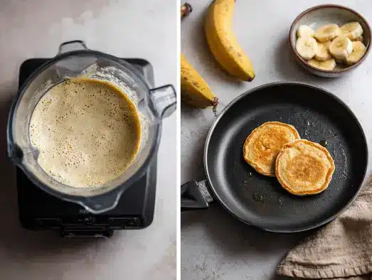 Cooking process of egg-free pancakes from blender to skillet