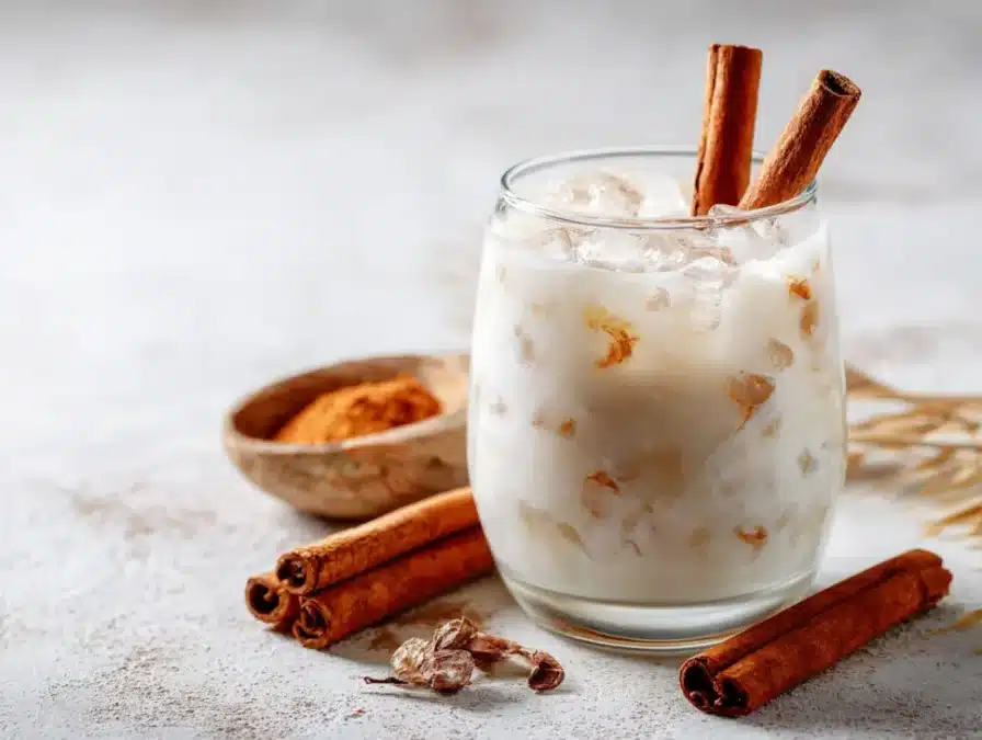 Iced coconut horchata mocktail with cinnamon garnish