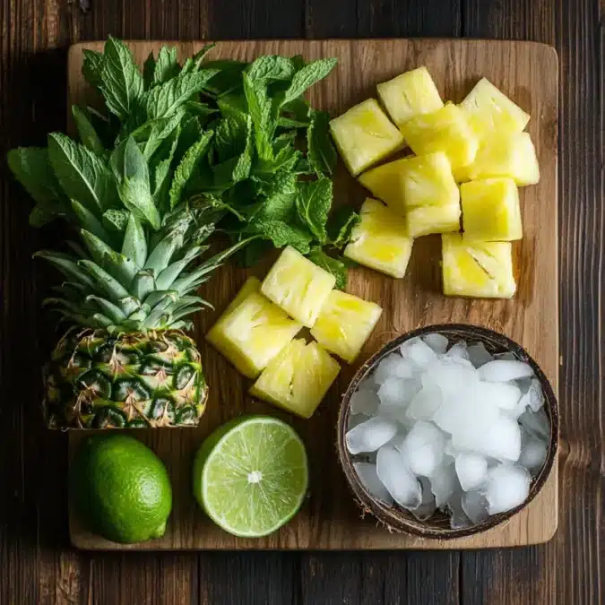 Coconut water, pineapple juice, lime, and mint laid out on wood board