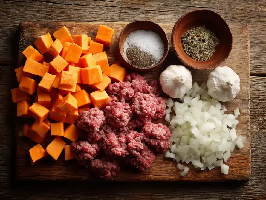 Raw ingredients laid out for ground meat and sweet potatoes