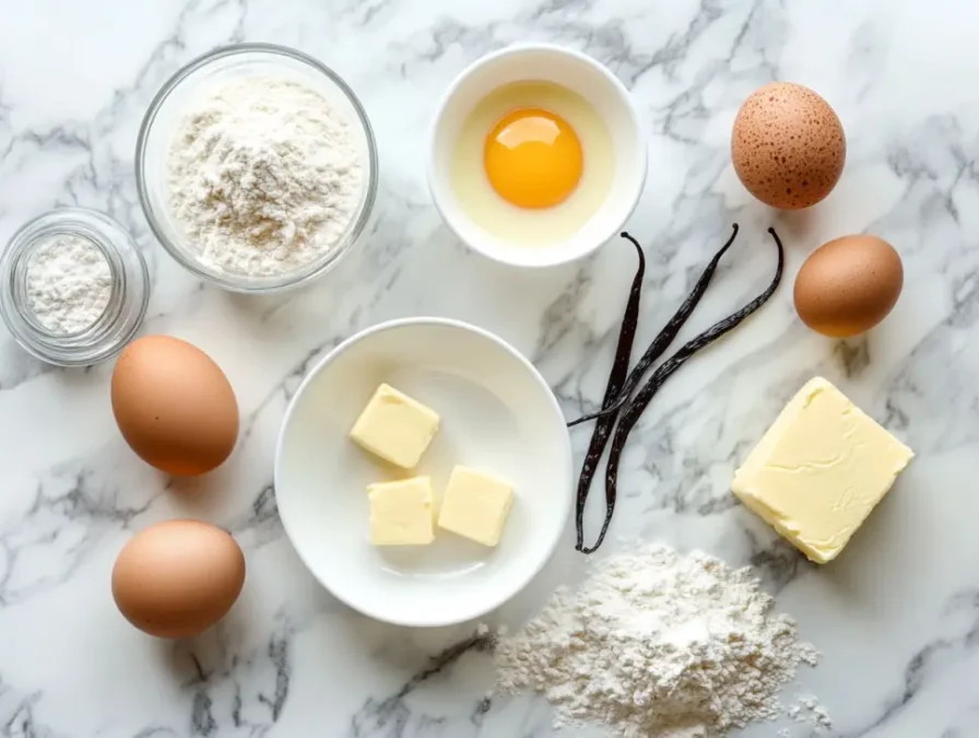 Pastry cream and cupcake ingredients on marble kitchen surface
