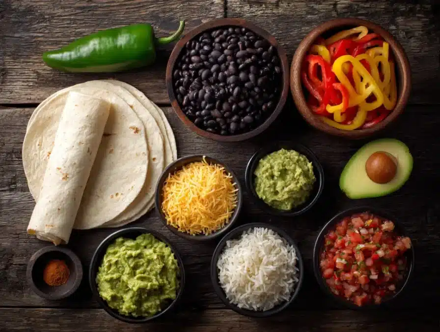 Fresh burrito ingredients laid out before cooking