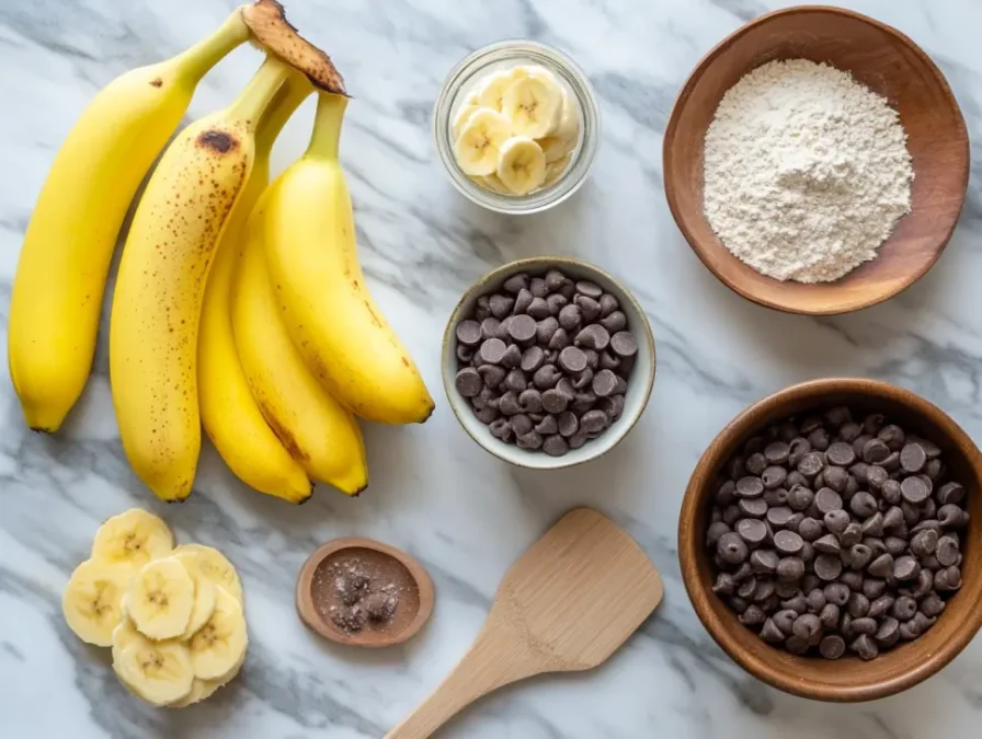 Ingredients laid out for making banana chocolate chip bread in bright natural light