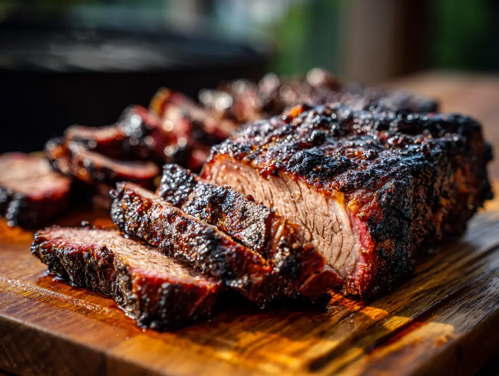 Smoked beef chuck roast sliced on cutting board