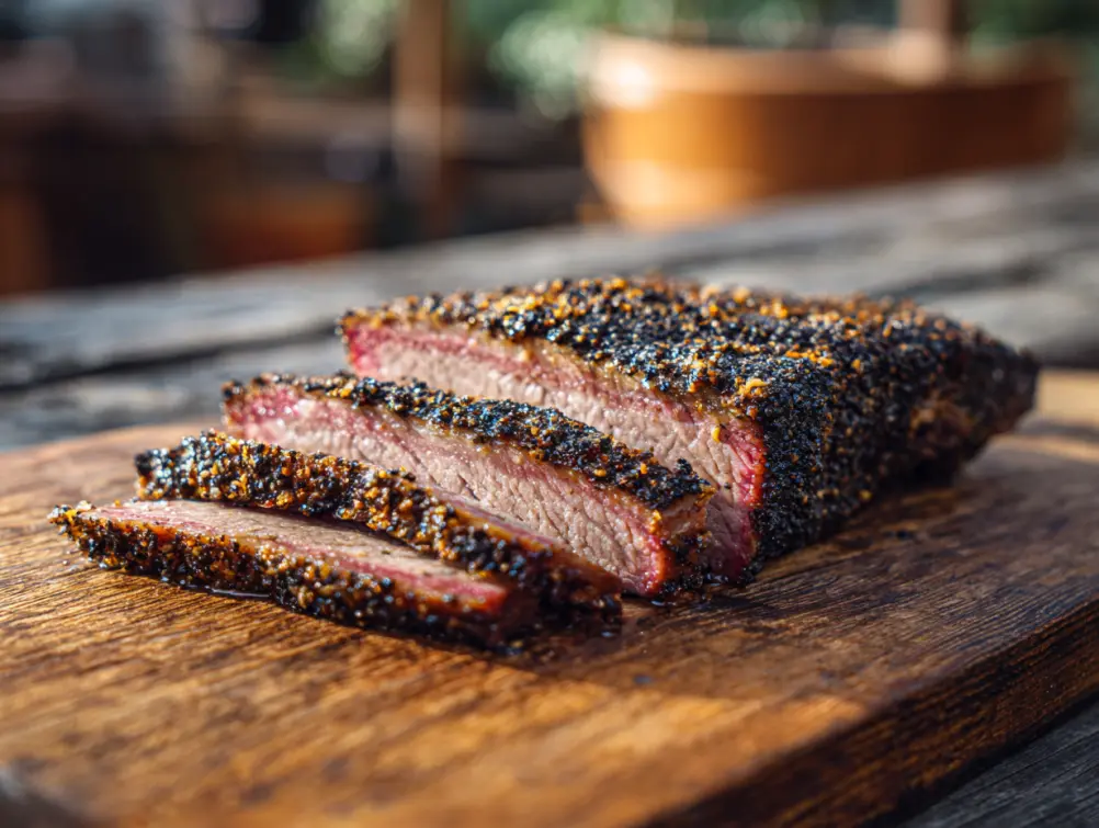 Sliced pellet smoked brisket with pepper bark Pellet smoker recipes
