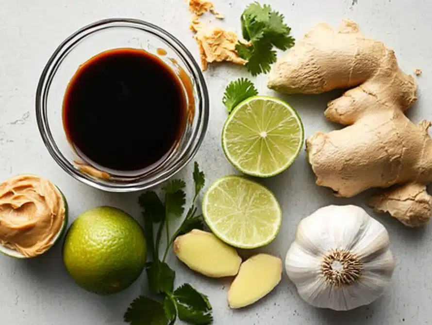 Fresh peanut sauce ingredients on countertop including lime, ginger, and soy sauce
