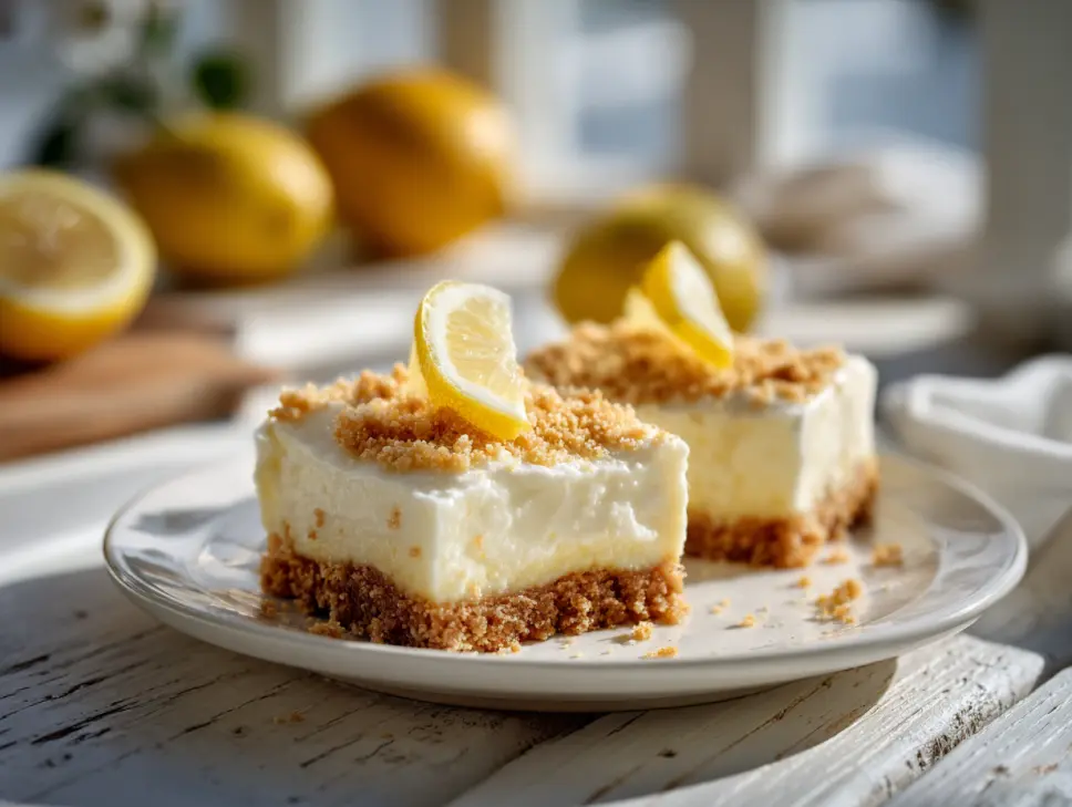 Lazy Day Lemon Cream Pie Bars served on summer table with lemon garnish