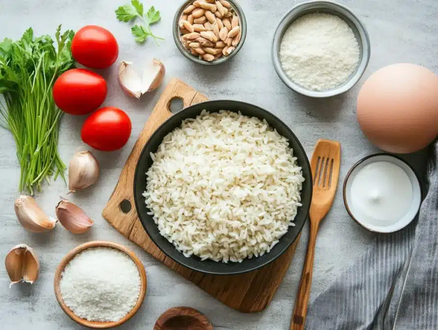 Flat lay of Mediterranean rice ingredients including rice, tomatoes, olives, and lemon