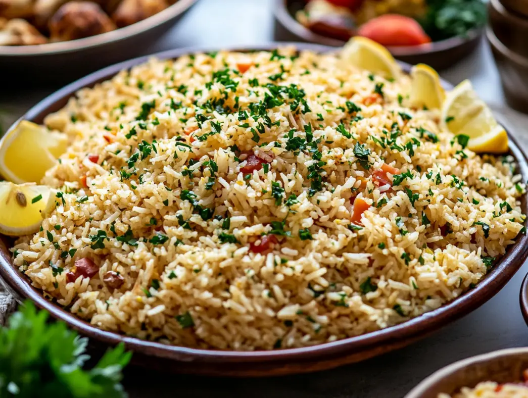 Platter of Mediterranean rice garnished with lemon and herbs, surrounded by side dishes