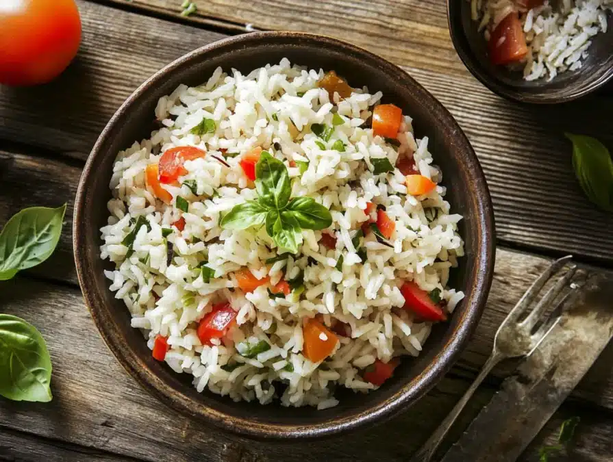 Rustic bowl of Mediterranean rice with herbs, chickpeas, and olives on wooden table