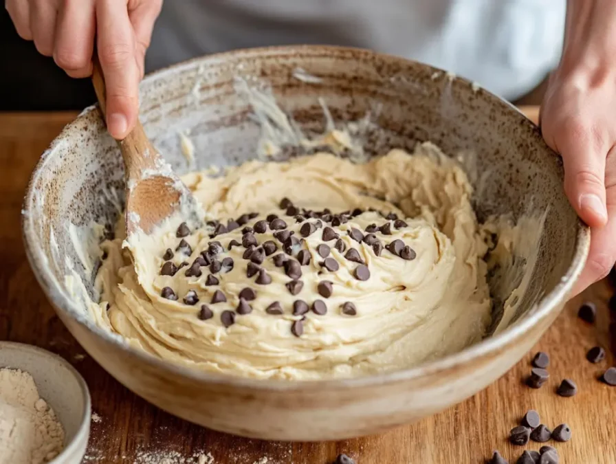 Banana bread batter with chocolate chips being mixed in ceramic bowl