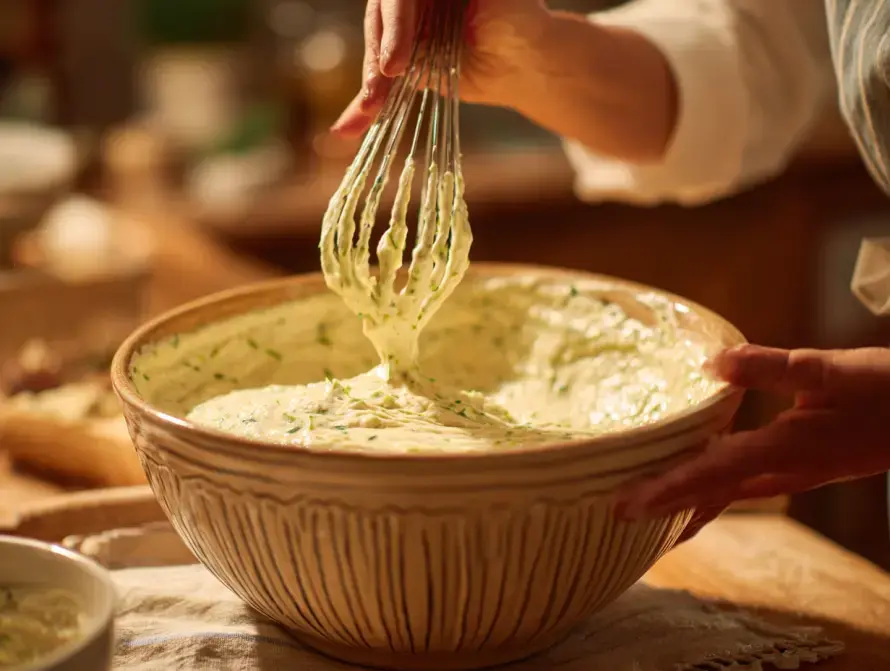 Mixing zucchini squash cake batter by hand