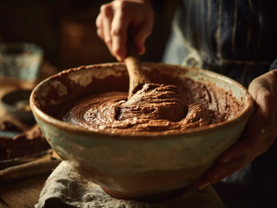 Mixing brownie batter with mashed sweet potato in bowl